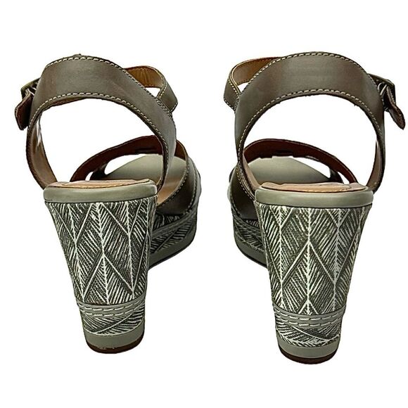 Clarks Taupe Multi Leather Platform Wedge Sandals Peep Toe Size 8.5 Medium - Picture 3 of 11